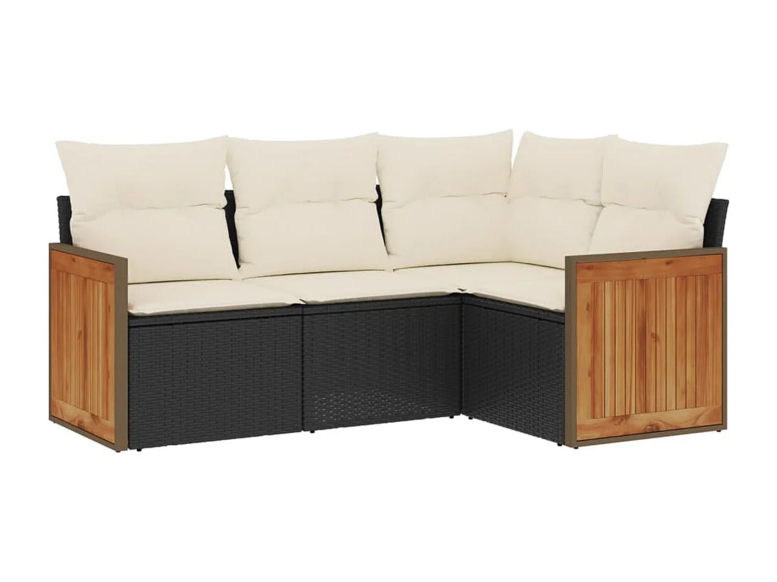 Salon de jardin 4 pcs avec coussins noir résine tressée