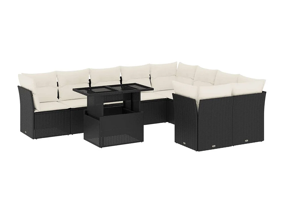 Salon de jardin 10 pcs avec coussins noir résine tressée