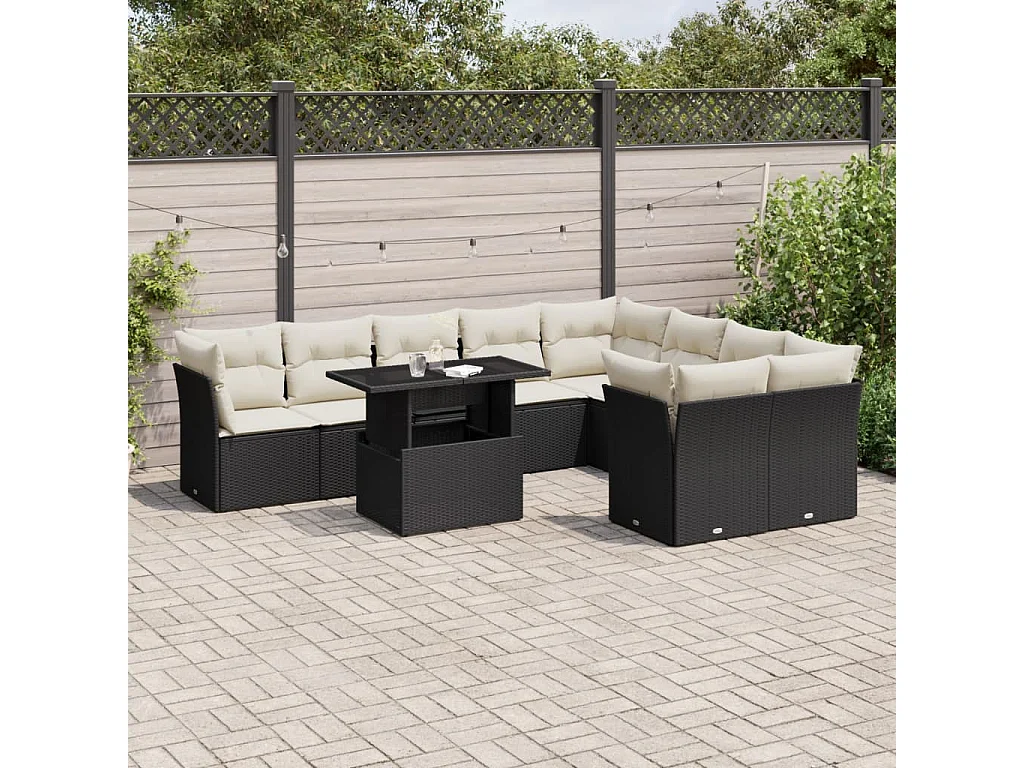Salon de jardin 10 pcs avec coussins noir résine tressée