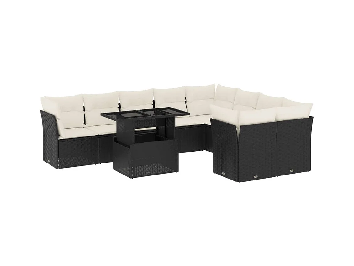 Salon de jardin 10 pcs avec coussins noir résine tressée