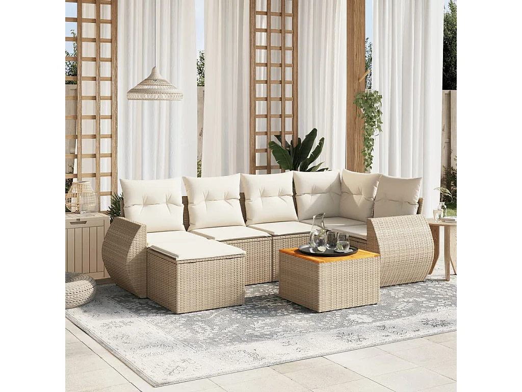 Salon de jardin avec coussins 7 pcs beige résine tressée