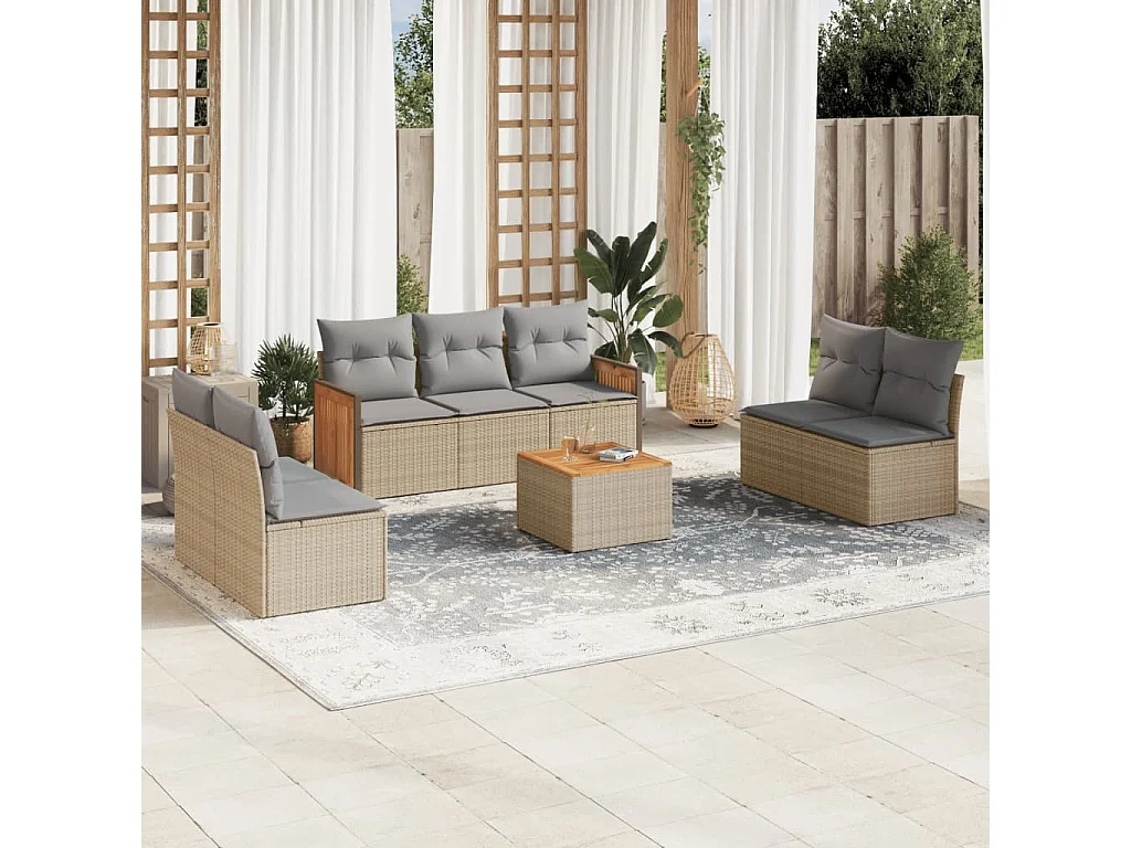 Salon de jardin avec coussins 8 pcs beige résine tressée