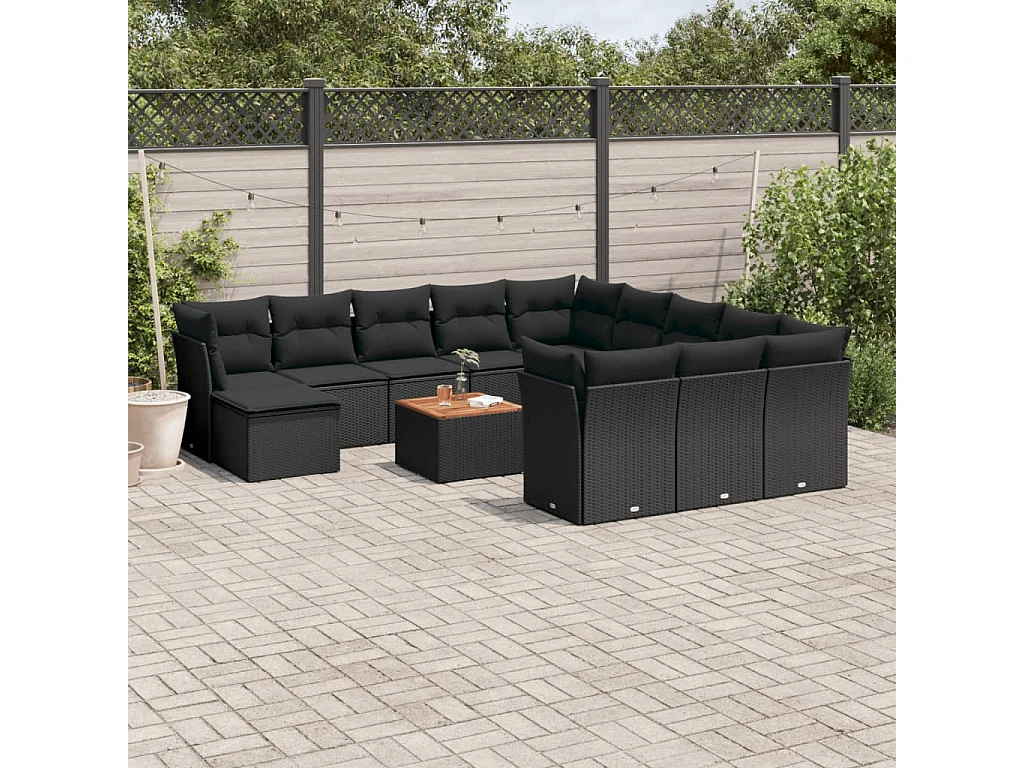 Salon de jardin avec coussins 13 pcs noir résine tressée