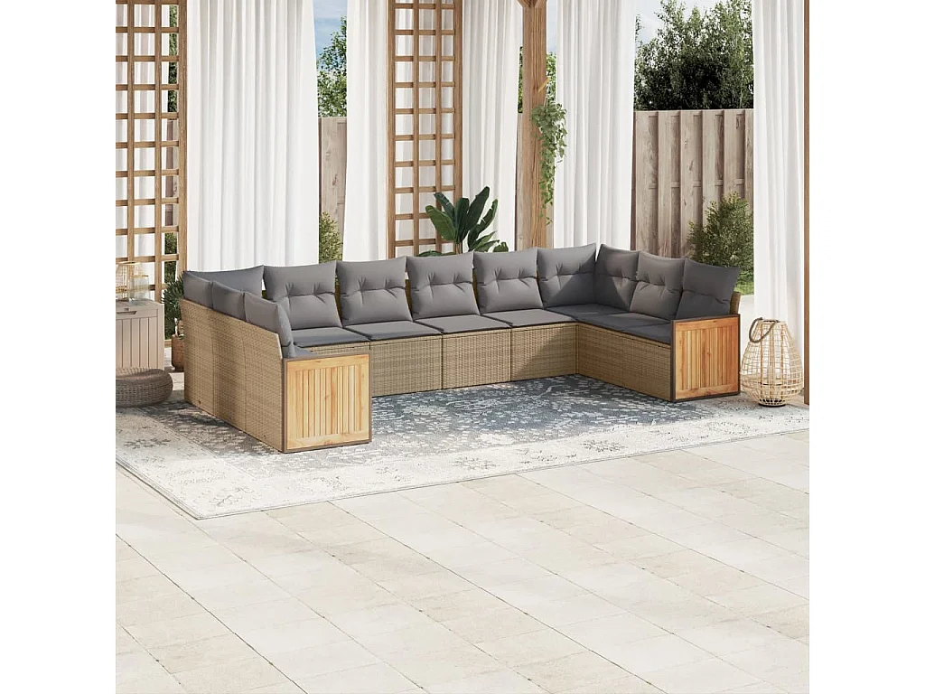 Salon de jardin avec coussins 10 pcs beige résine tressée