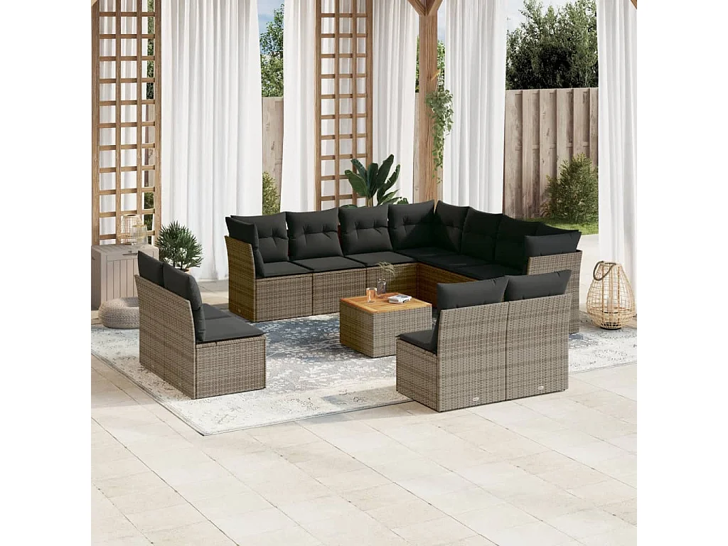 Salon de jardin avec coussins 12 pcs gris résine tressée