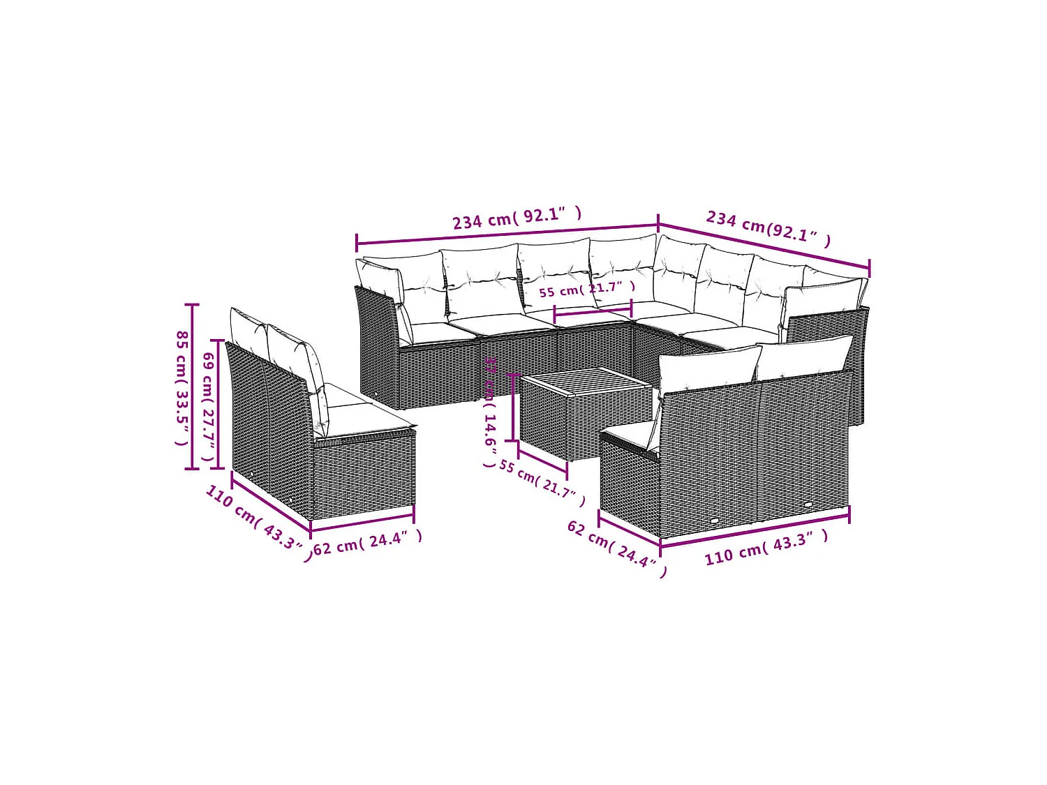Salon de jardin avec coussins 12 pcs gris résine tressée