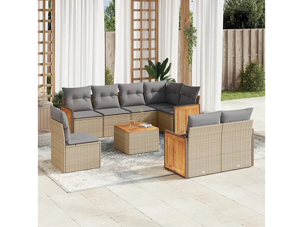 Salon de jardin avec coussins 9 pcs beige résine tressée