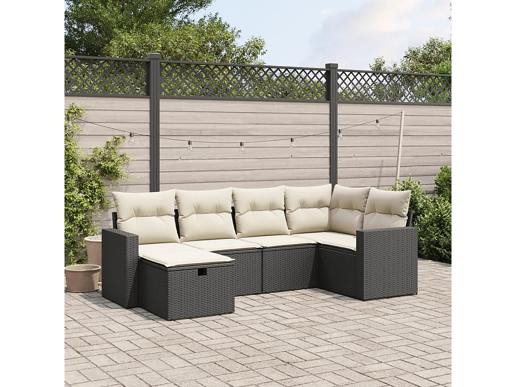Salon de jardin 6 pcs avec coussins noir résine tressée