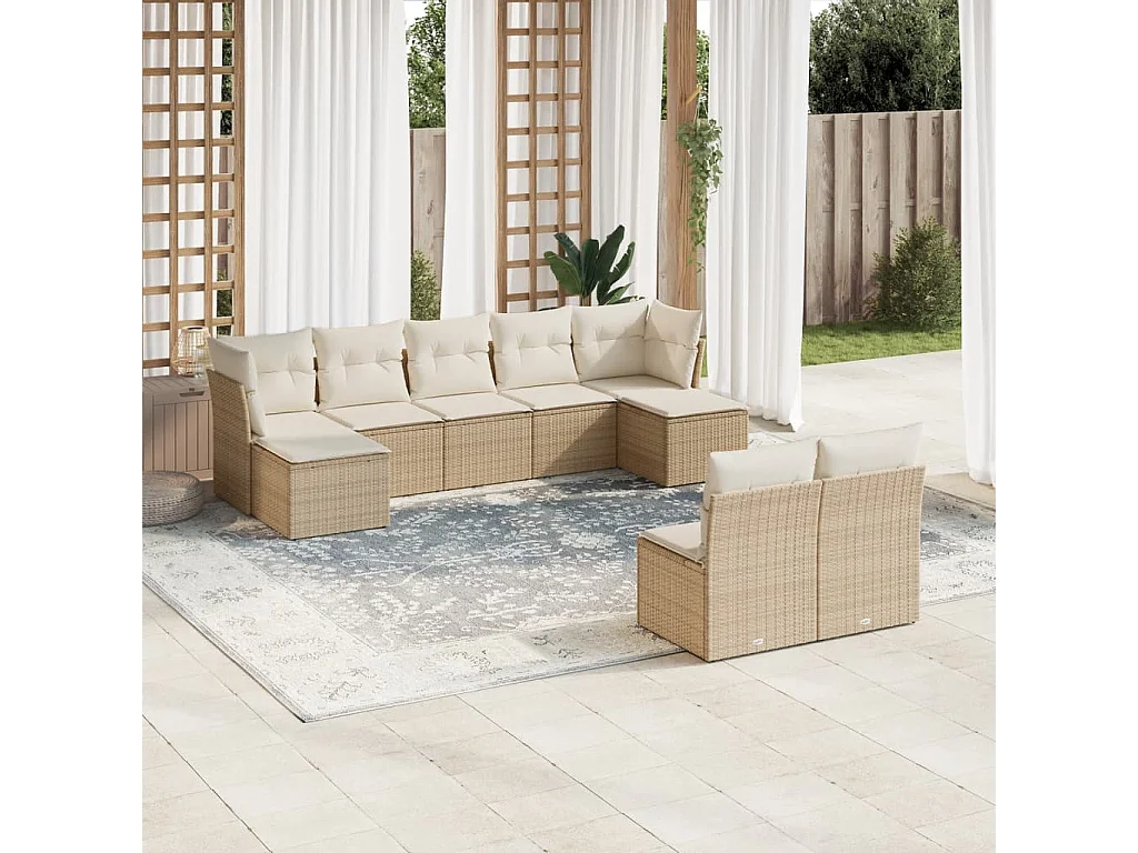 Salon de jardin avec coussins 9 pcs beige résine tressée