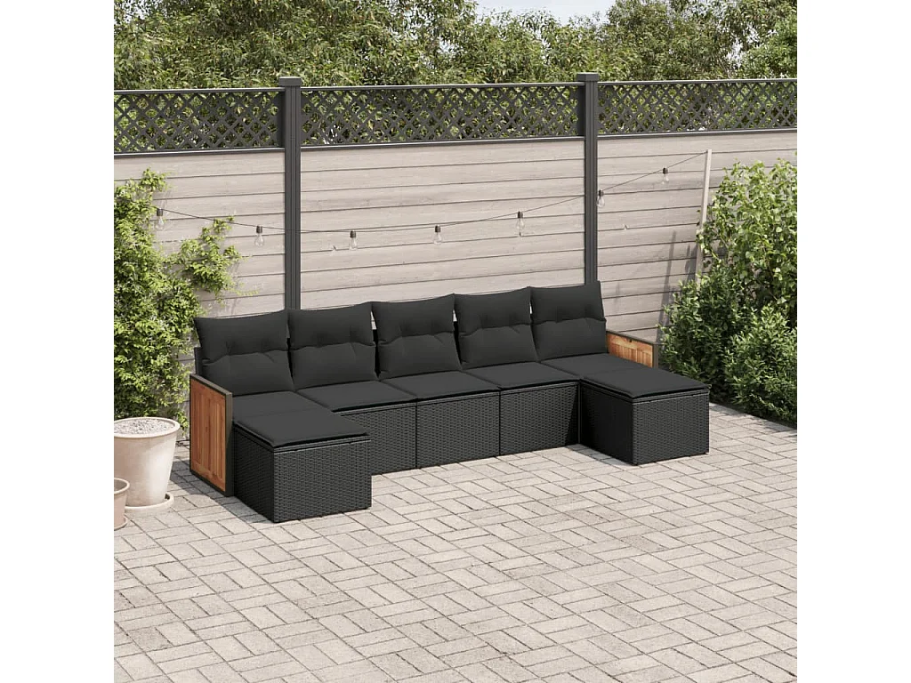 Salon de jardin 7 pcs avec coussins noir résine tressée