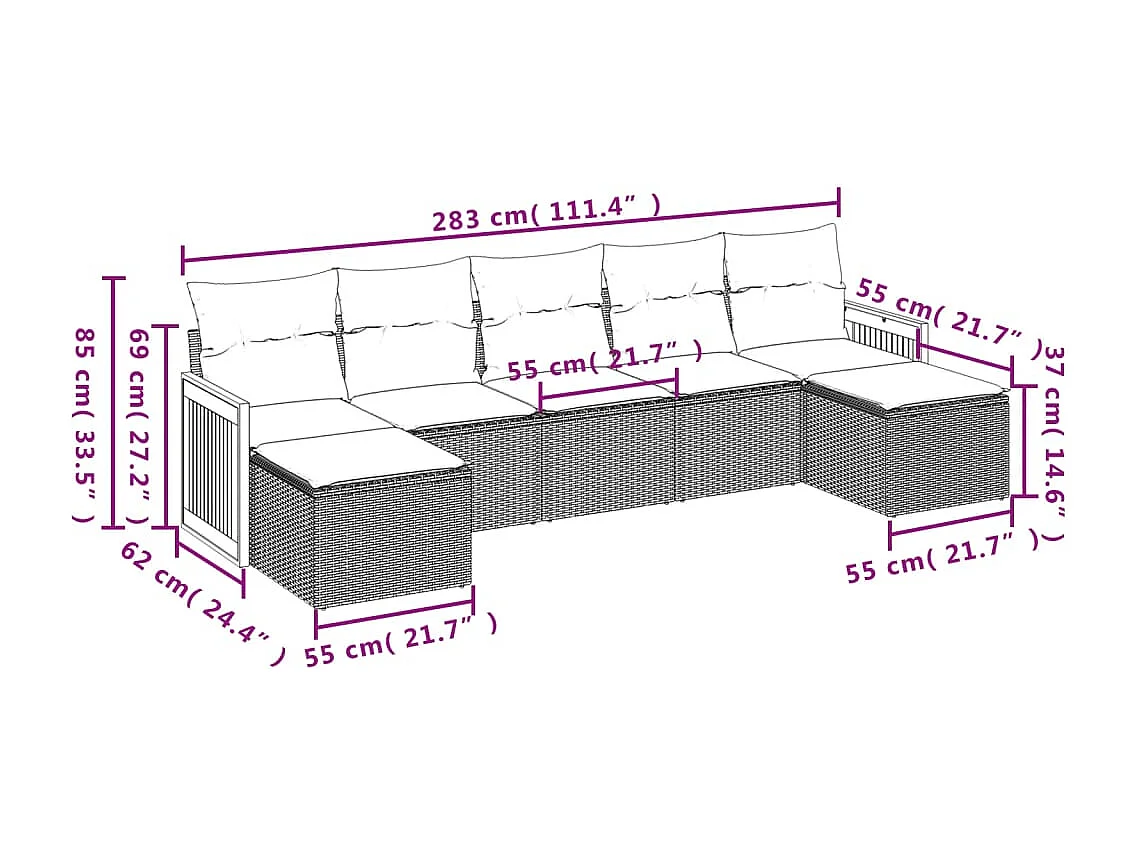 Salon de jardin 7 pcs avec coussins noir résine tressée