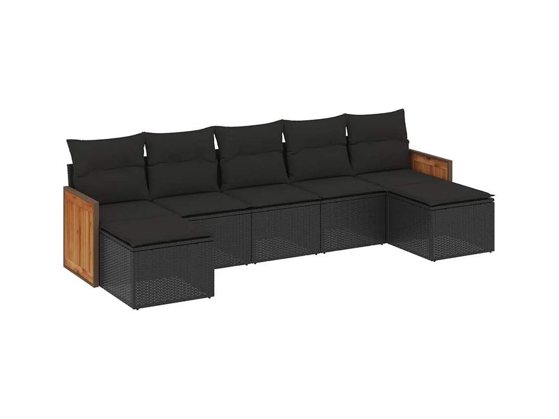 Salon de jardin 7 pcs avec coussins noir résine tressée
