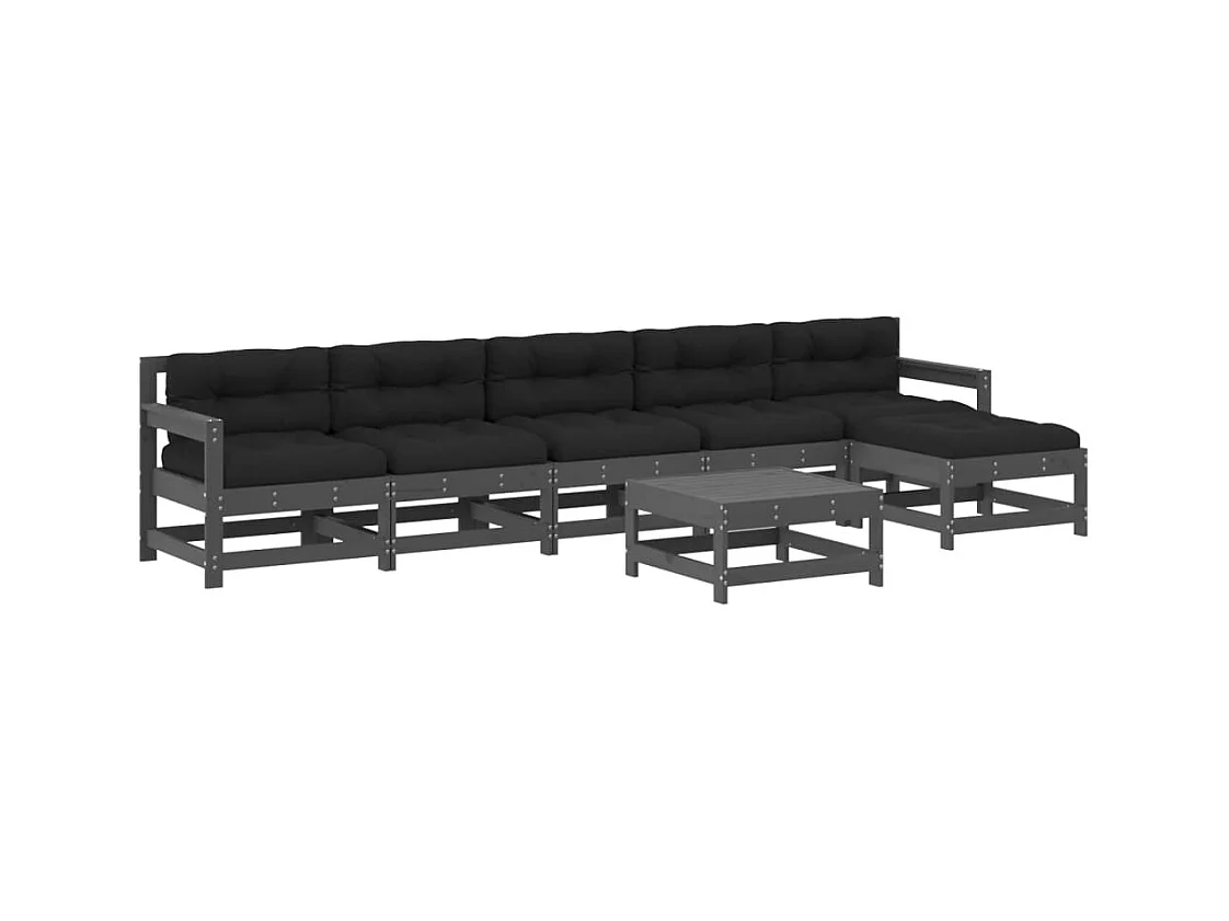 Salon de jardin 7 pcs avec coussins gris bois massif