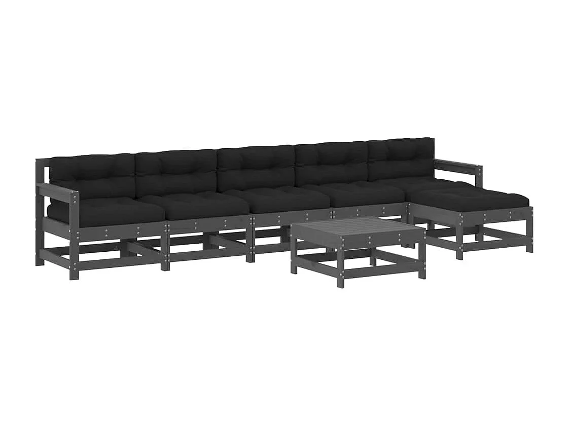 Salon de jardin 7 pcs avec coussins gris bois massif