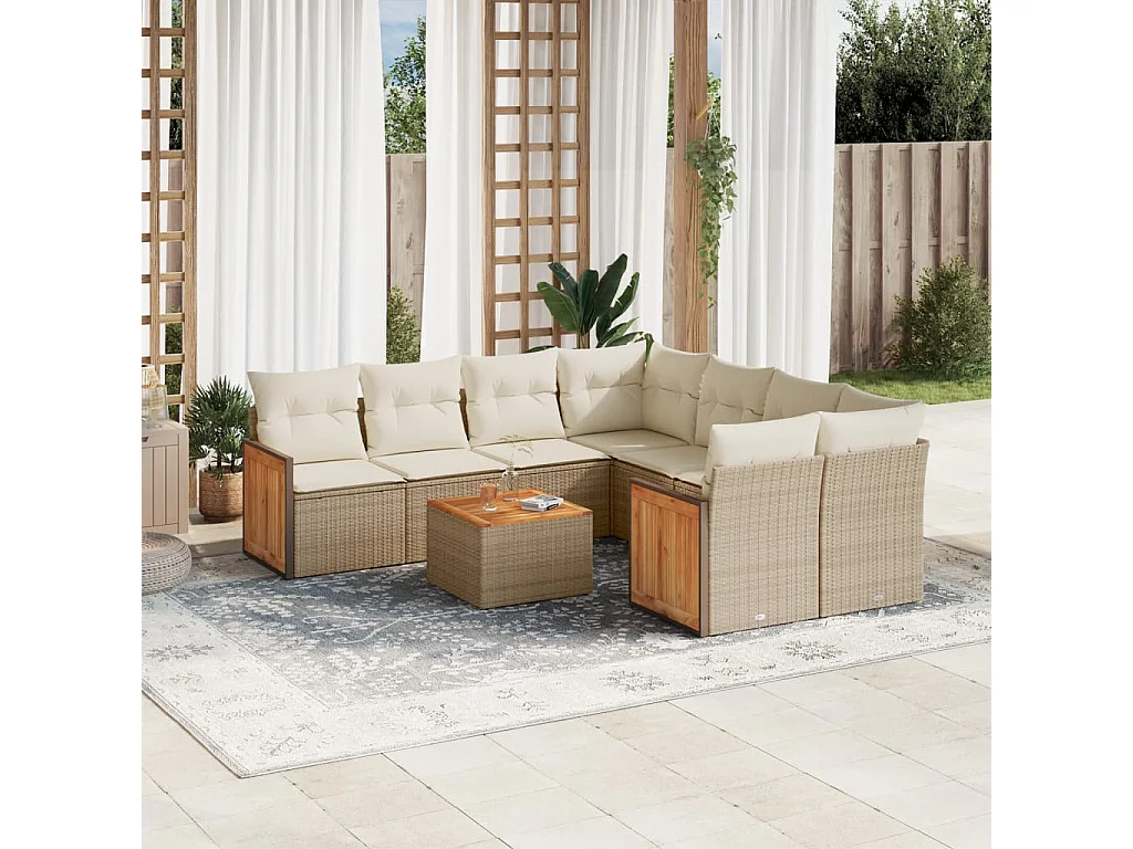 Salon de jardin avec coussins 9 pcs beige résine tressée