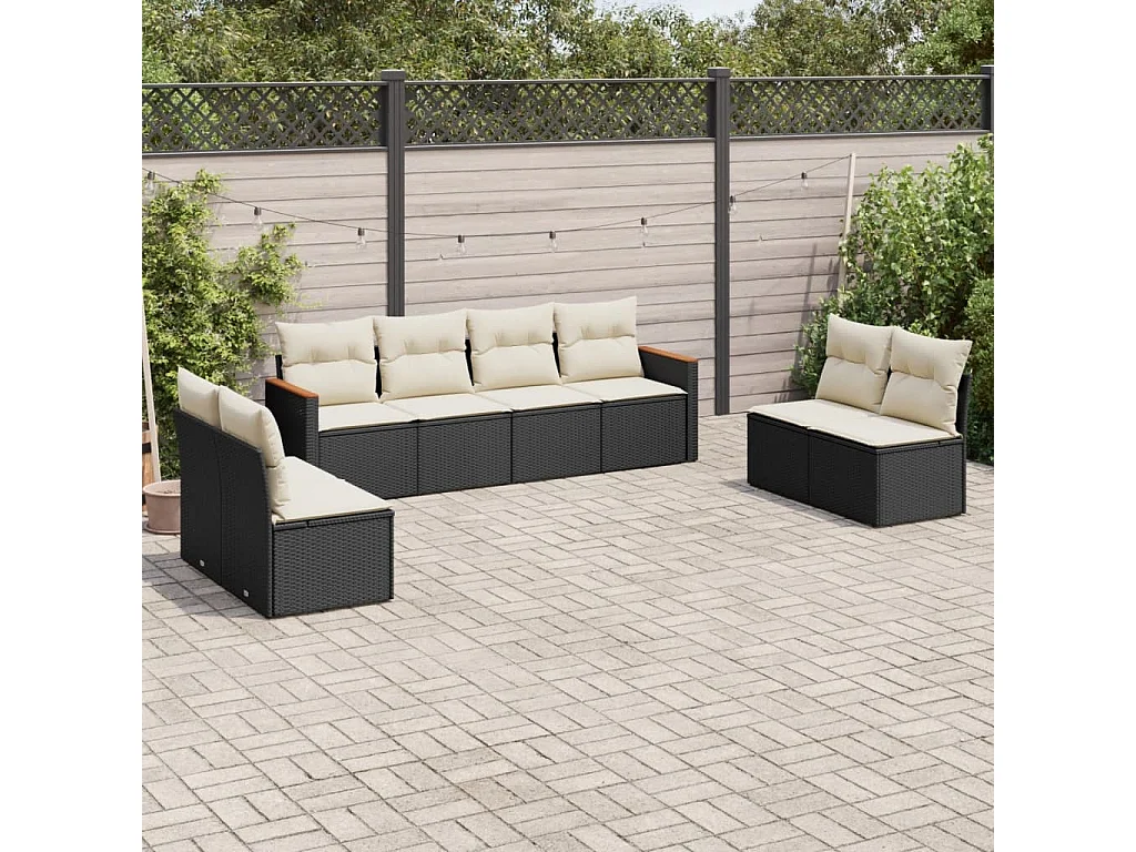 Salon de jardin 8 pcs avec coussins noir résine tressée