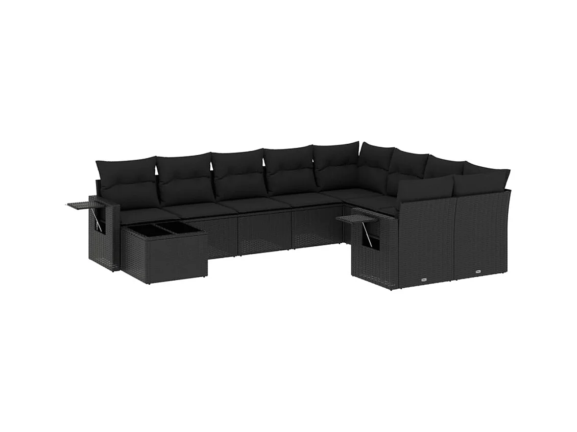 Salon de jardin 10 pcs avec coussins noir résine tressée