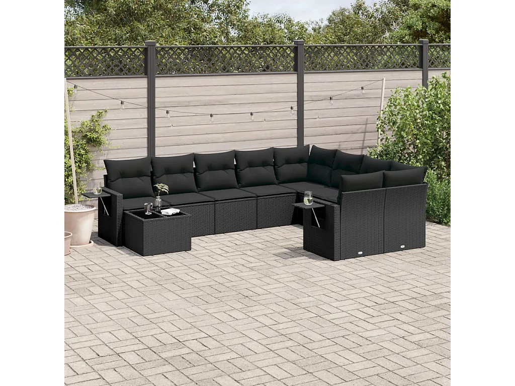 Salon de jardin 10 pcs avec coussins noir résine tressée