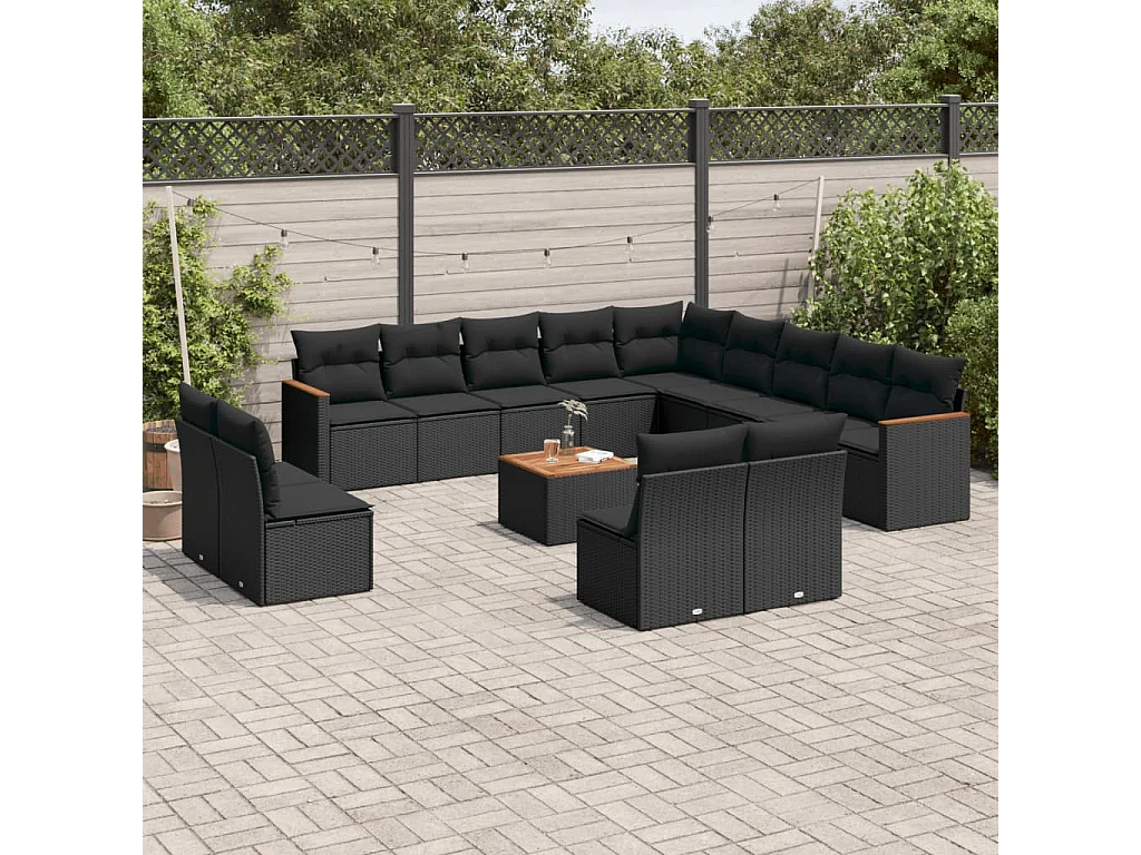 Salon de jardin avec coussins 14 pcs noir résine tressée