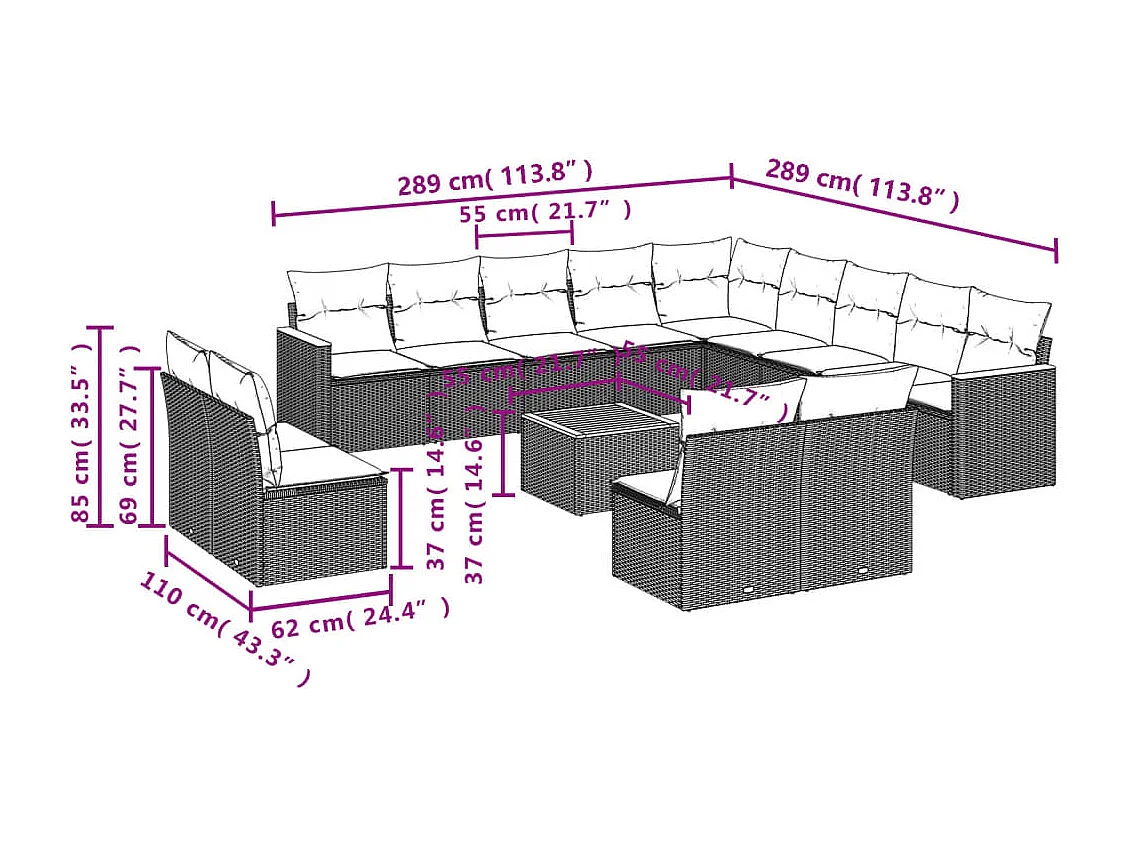 Salon de jardin avec coussins 14 pcs noir résine tressée