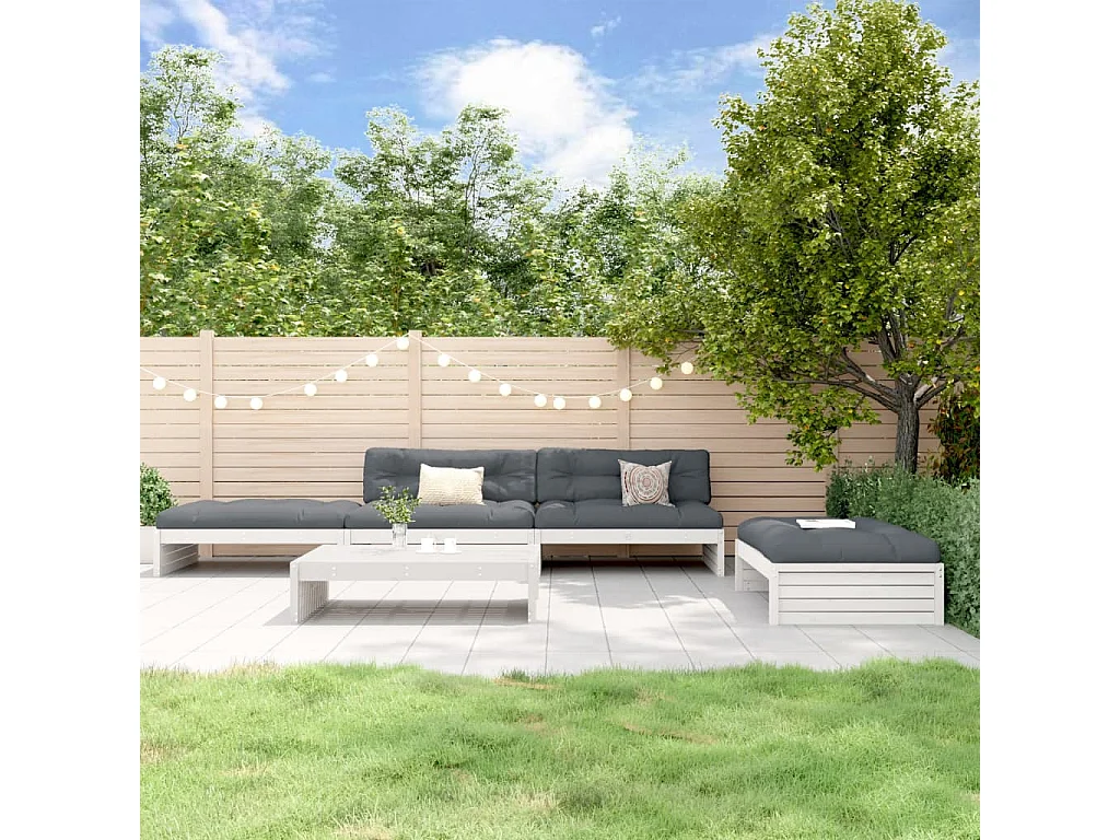 Salon de jardin 5 pcs avec coussins blanc bois massif