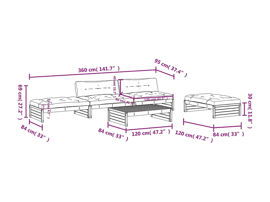 Salon de jardin 5 pcs avec coussins blanc bois massif