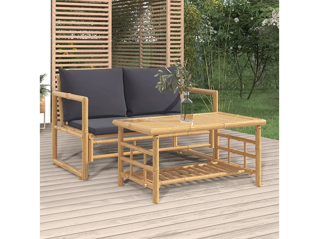Salon de jardin 2 pcs avec coussins gris foncé bambou