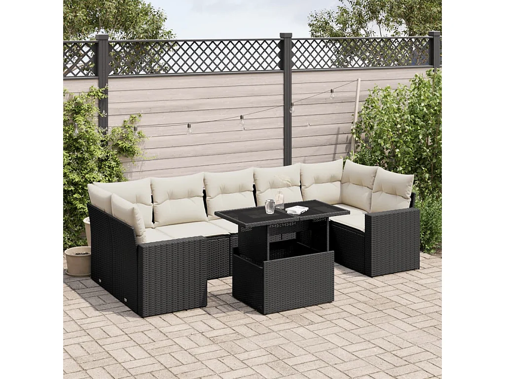 Salon de jardin 8 pcs avec coussins noir résine tressée