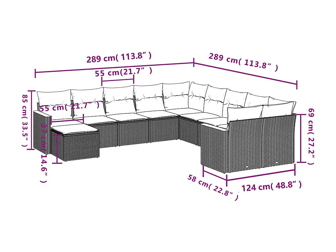 Salon de jardin 11 pcs avec coussins noir résine tressée