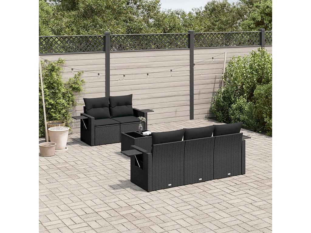 Salon de jardin 6 pcs avec coussins noir résine tressée