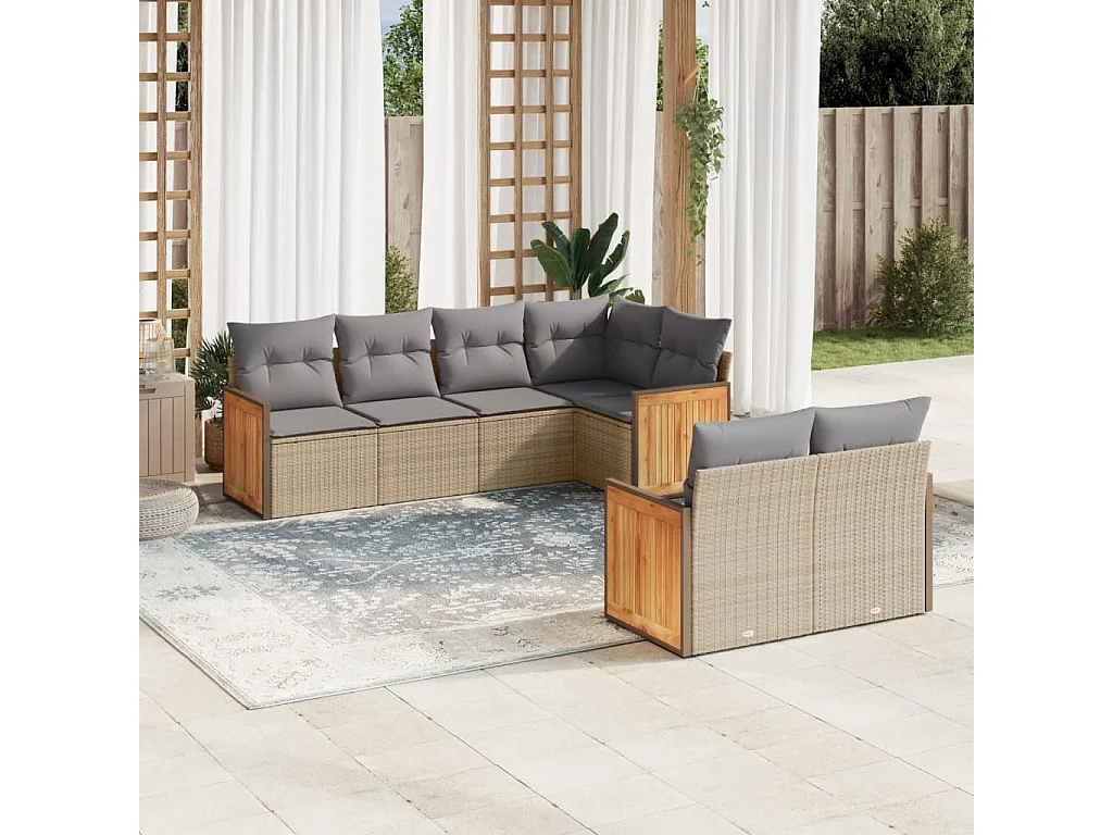 Salon de jardin avec coussins 7 pcs beige résine tressée