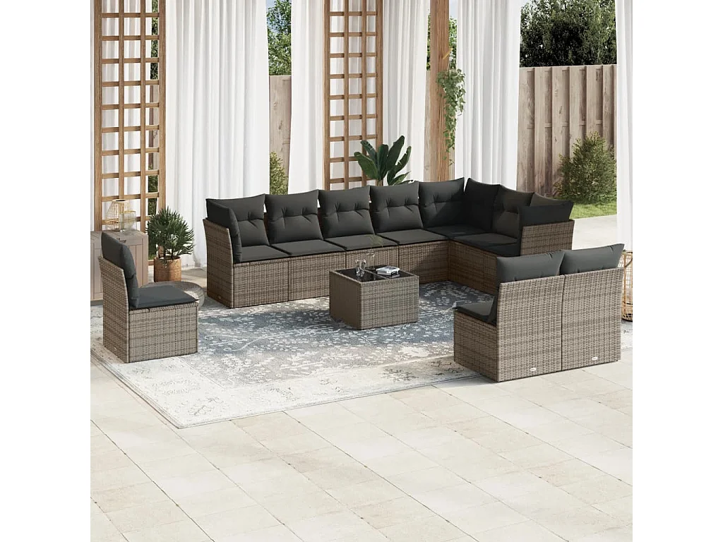Salon de jardin 11 pcs avec coussins gris résine tressée