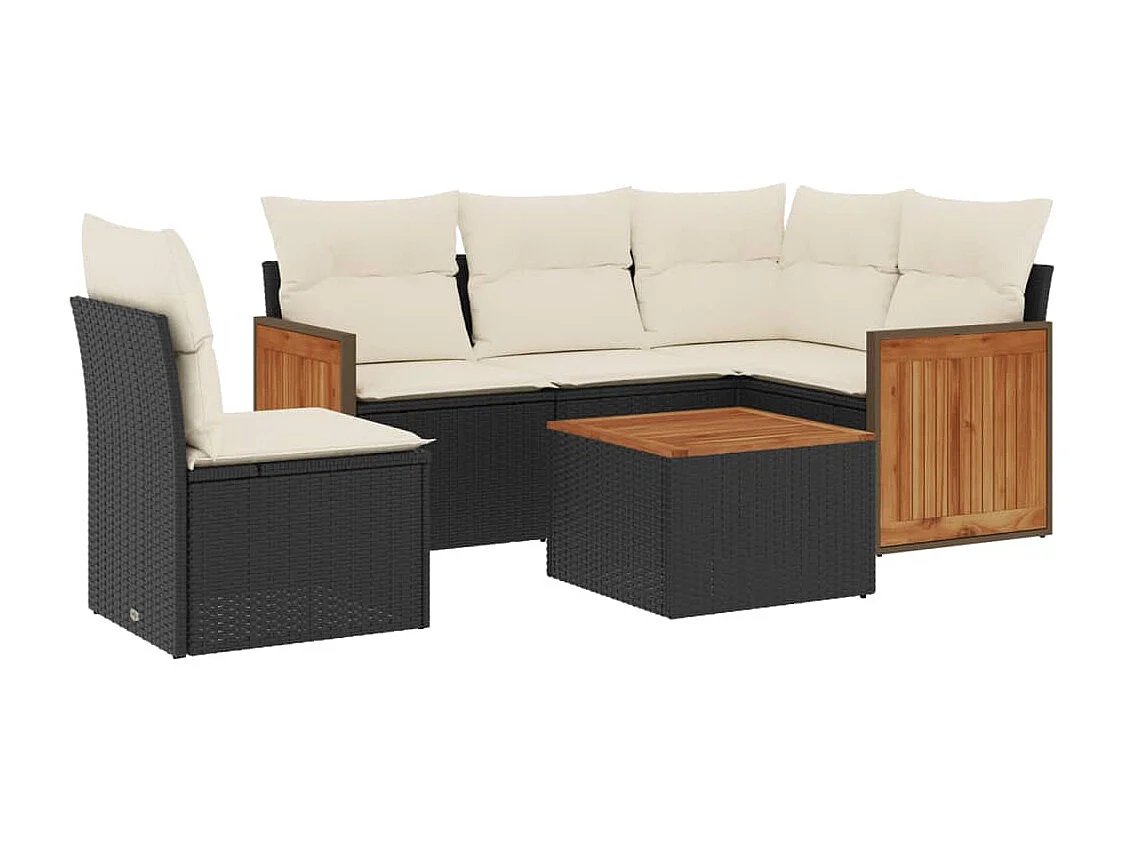 Salon de jardin 6 pcs avec coussins noir résine tressée