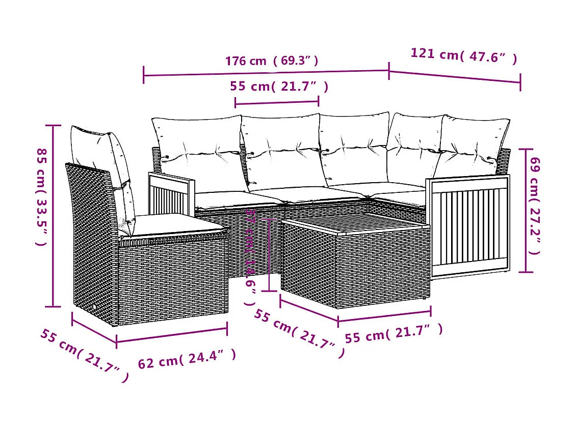 Salon de jardin 6 pcs avec coussins noir résine tressée