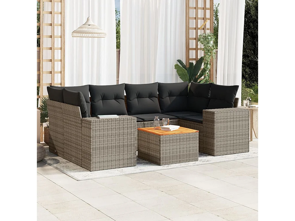 Salon de jardin avec coussins 7 pcs gris résine tressée