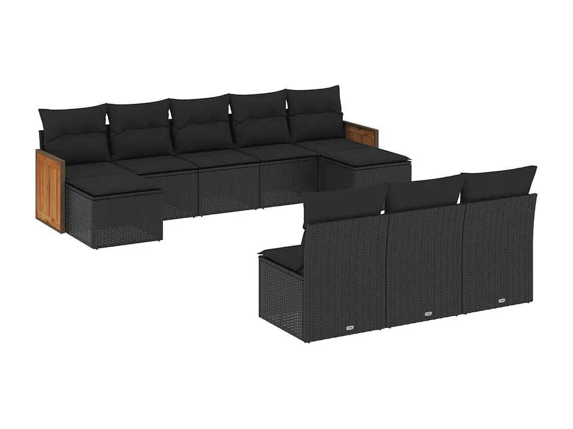 Salon de jardin 10 pcs avec coussins noir résine tressée