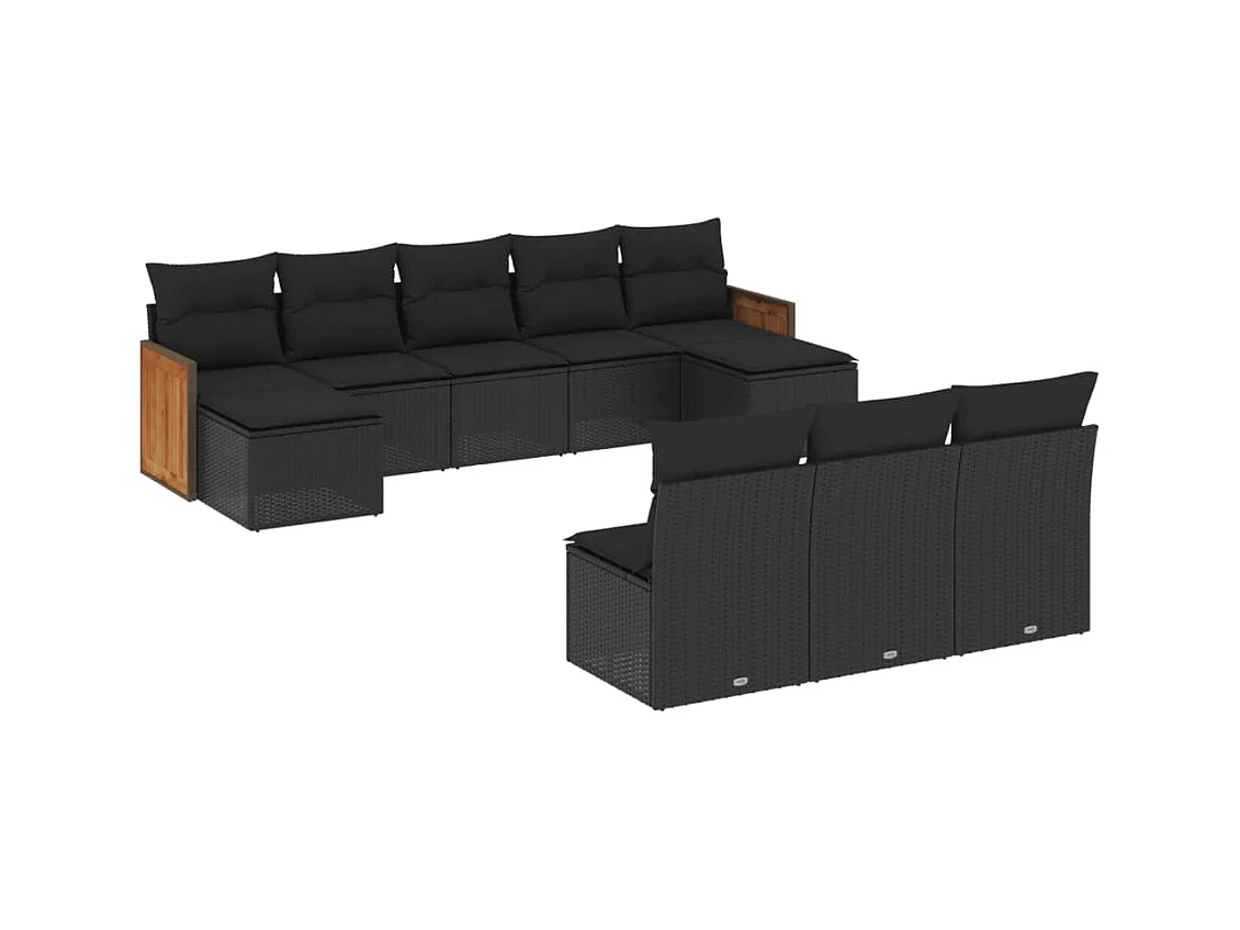 Salon de jardin 10 pcs avec coussins noir résine tressée