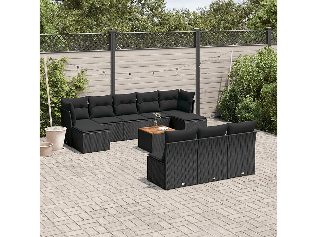 Salon de jardin 11 pcs avec coussins noir résine tressée