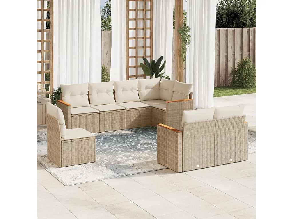Salon de jardin avec coussins 8 pcs beige résine tressée
