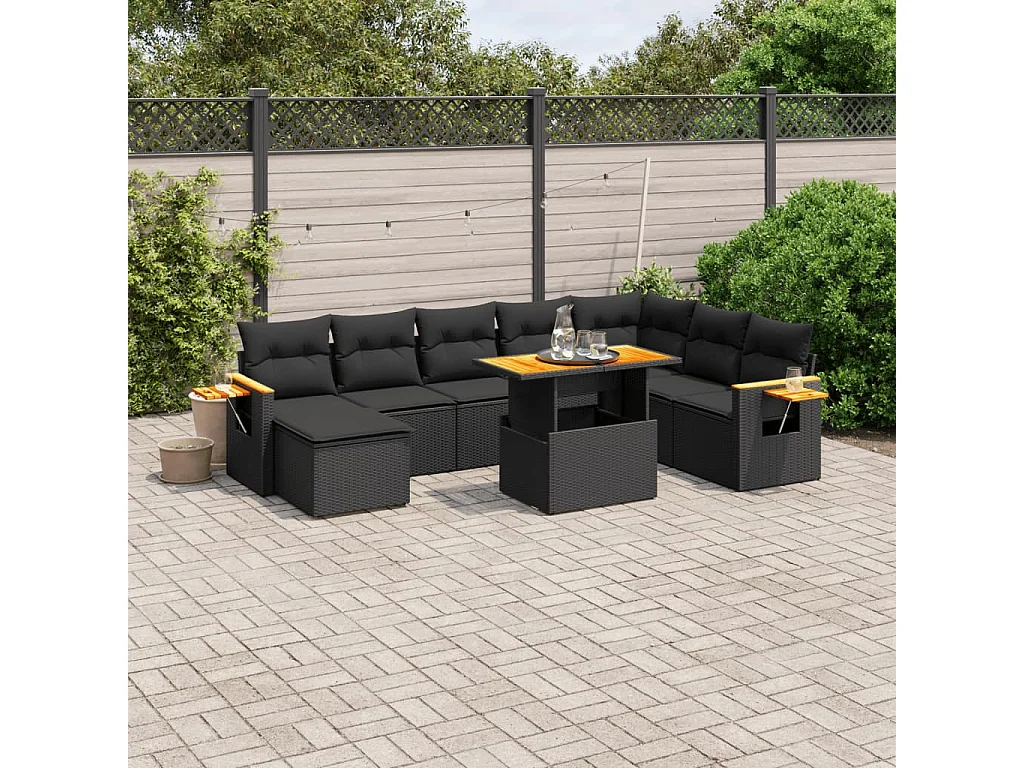 Salon de jardin 8 pcs avec coussins noir résine tressée