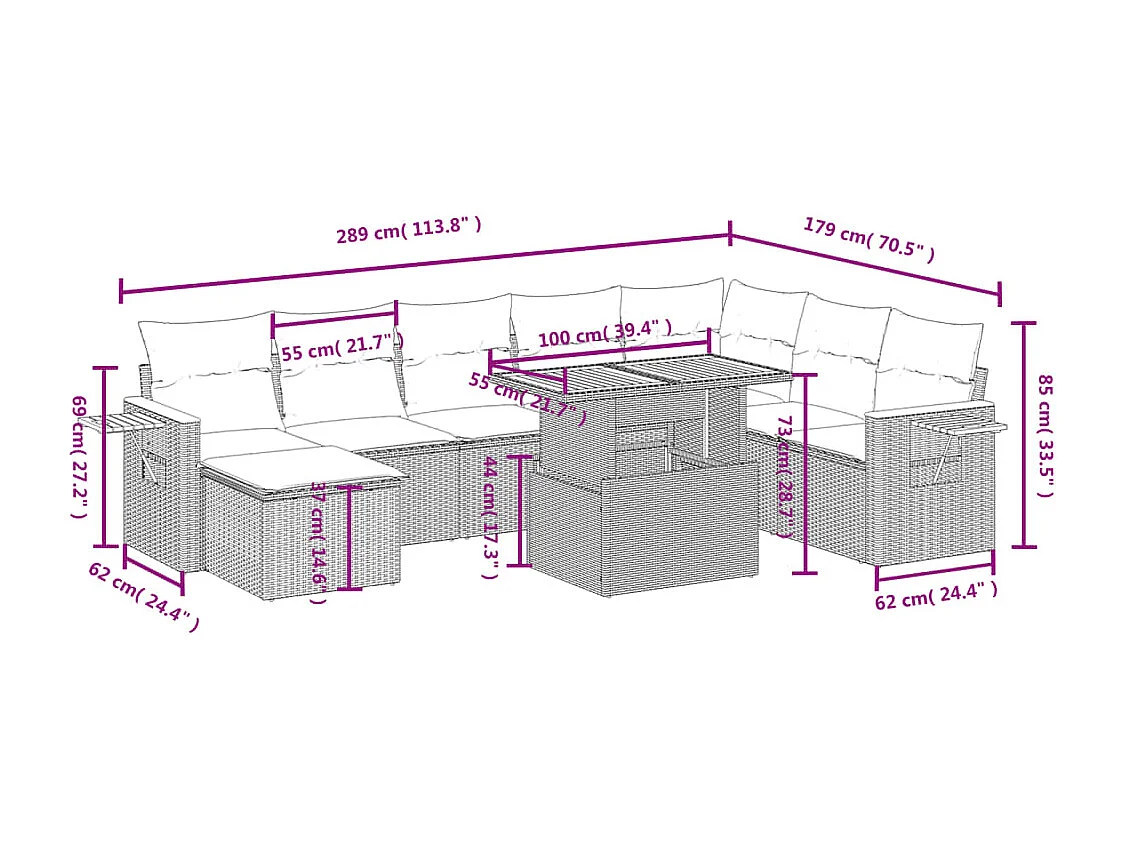Salon de jardin 8 pcs avec coussins noir résine tressée
