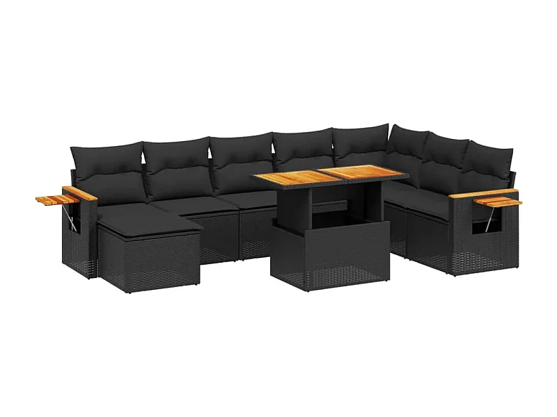 Salon de jardin 8 pcs avec coussins noir résine tressée