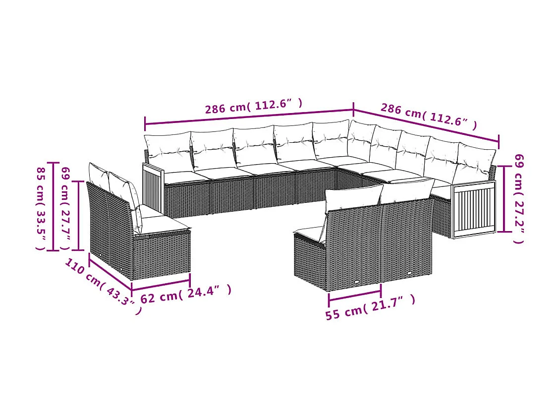 Salon de jardin avec coussins 13 pcs noir résine tressée