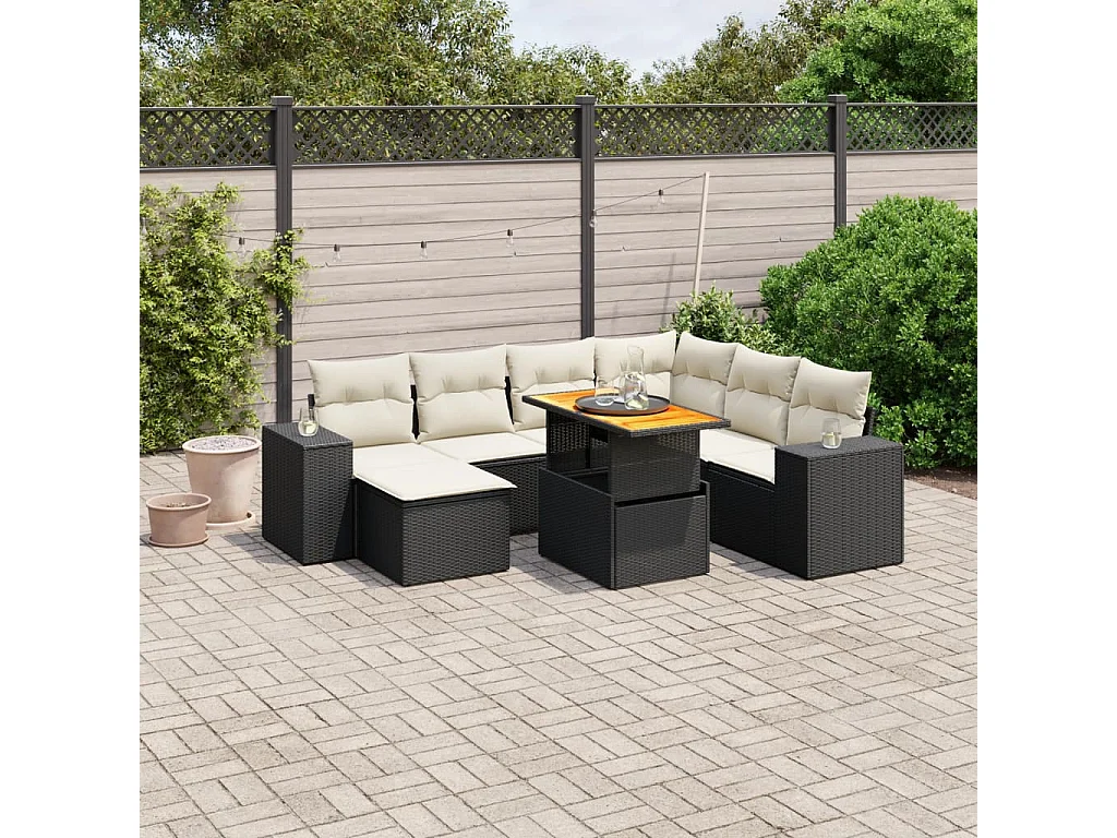 Salon de jardin 8 pcs avec coussins noir résine tressée