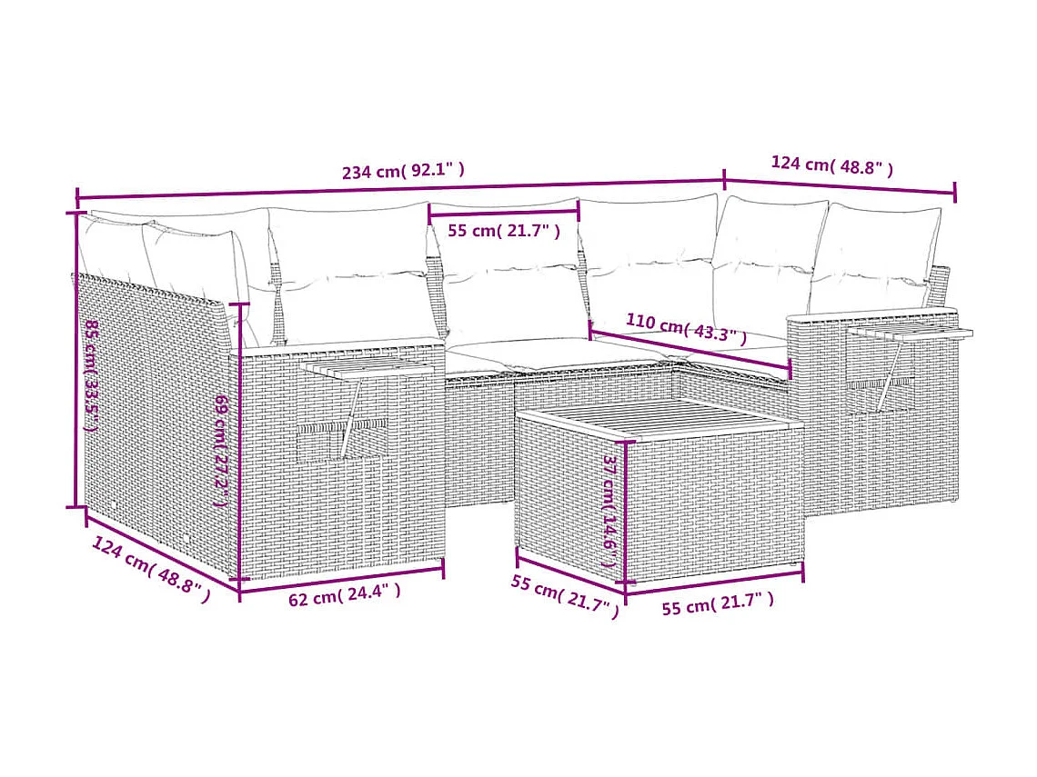 Salon de jardin avec coussins 7 pcs beige résine tressée