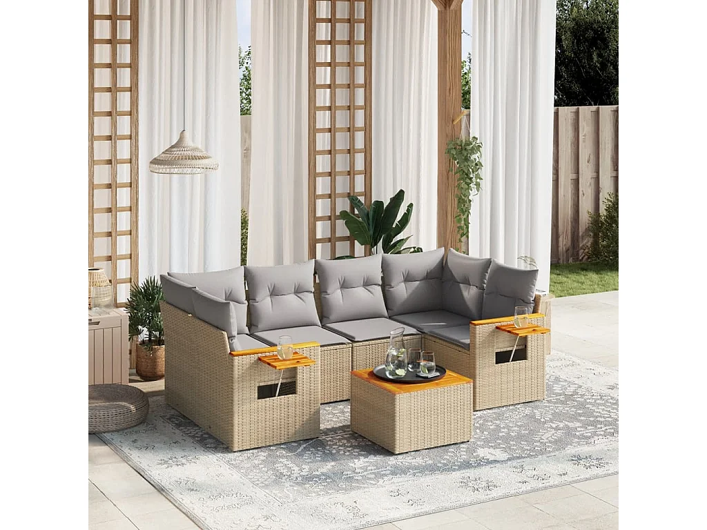 Salon de jardin avec coussins 7 pcs beige résine tressée