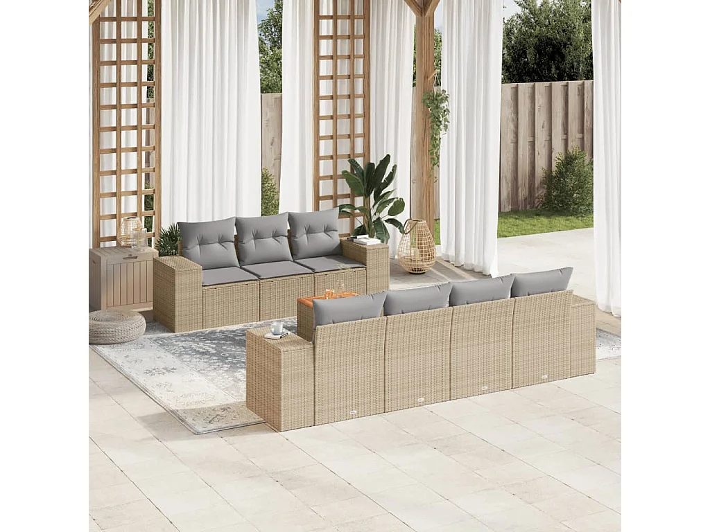Salon de jardin avec coussins 8 pcs beige résine tressée