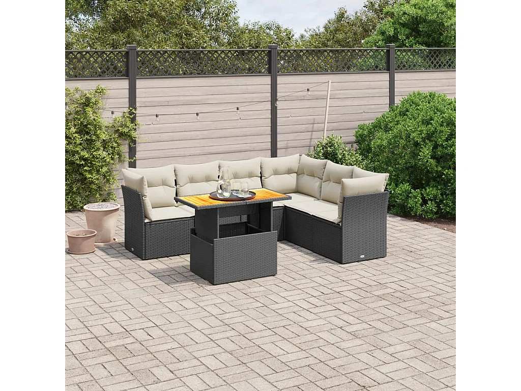 Salon de jardin 7 pcs avec coussins noir résine tressée