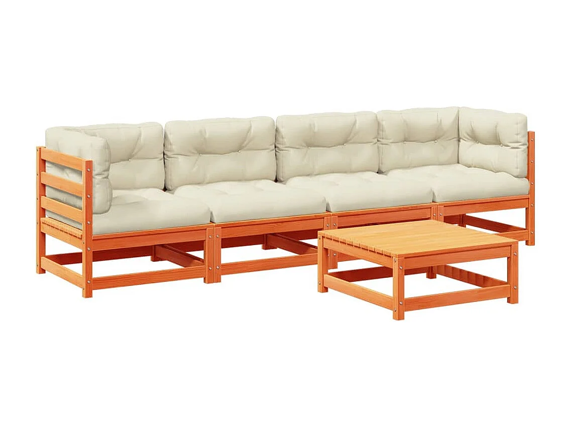 Salon de jardin 5 pcs avec coussins cire marron bois pin massif