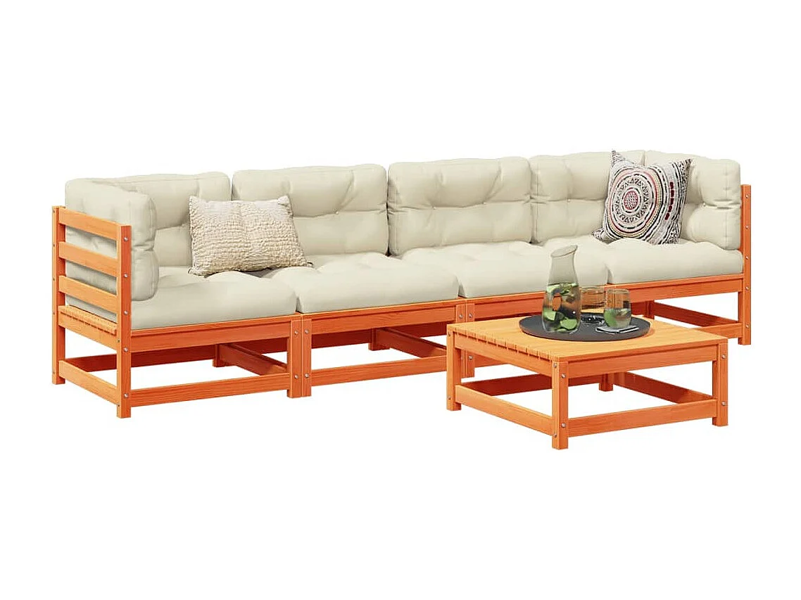 Salon de jardin 5 pcs avec coussins cire marron bois pin massif